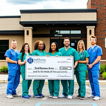 The image depicts a group of people in scrubs outside a medical office building holding an oversized check as small business grant winners for their work in small for-profit business, meeting the needs of their local community. 