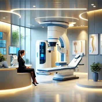The image depicts a modern medical clinic interior, featuring a sleek reception area adorned with calming colors and minimalist decor. In the foreground, a friendly receptionist is seated at a stylish desk, engaging with a patient who appears to be inquiring about spinal leak treatment options. The background showcases a spacious treatment room filled with advanced medical equipment, including a fluoroscopy machine and comfortable infusion chairs, all bathed in warm, inviting lighting. On the walls, educational posters illustrate spinal anatomy and treatment options, emphasizing the clinic's focus on patient education and care. A window allows natural light to flood the space, creating a serene atmosphere. The overall ambiance conveys professionalism, compassion, and a commitment to innovative medical care, with a subtle nod to the growing demand for specialized spinal leak treatments.