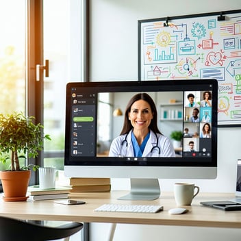 The image depicts a modern virtual clinic setup, showcasing a sleek, minimalist home office. A large computer monitor displays a telehealth video call interface, featuring a friendly physician engaged with a patient. The desk is clutter-free, adorned with a potted plant, a notepad, and a cup of coffee. A light source from a nearby window illuminates the space, creating a warm and inviting atmosphere. On the wall, a framed certificate hangs, highlighting the physician's credentials. In the background, a whiteboard is filled with colorful diagrams and notes about virtual healthcare strategies. The overall vibe is professional yet comfortable, reflecting the flexibility and innovation of telemedicine in contemporary healthcare.