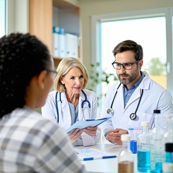 This picture shows two physicians with stethoscopes and white coats reviewing lab work while a patient watches.