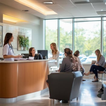 The image depicts a serene clinic environment designed for spinal leak care, featuring a bright, welcoming reception area with soft lighting and comfortable seating. A friendly receptionist smiles as she greets a diverse group of patients, some of whom are seated, while others fill out forms at a sleek wooden desk. In the background, large windows allow natural light to stream in, illuminating the room and providing a view of a peaceful garden.