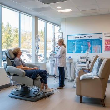 The image depicts a serene clinic environment tailored for spinal leak patients. On one side, a consultation room is furnished with comfortable seating and natural light filtering through large windows, creating a welcoming atmosphere. A physician is engaged in a compassionate discussion with a patient, who appears relieved and attentive. The walls are adorned with educational posters about spinal leak management, nutrition, and hydration therapies.  In another corner, a state-of-the-art hydration therapy area features IV hydration stations, each equipped with advanced monitoring devices. A nurse is seen preparing a specialized IV bag, while a patient relaxes in a reclining chair, connected to the hydration system. Adjacent to this, a small lab space displays equipment for real-time electrolyte testing, emphasizing the clinic’s commitment to comprehensive care.  The overall ambiance combines professionalism with warmth, symbolizing a holistic approach to treatment that prioritizes patient trust and well-being.