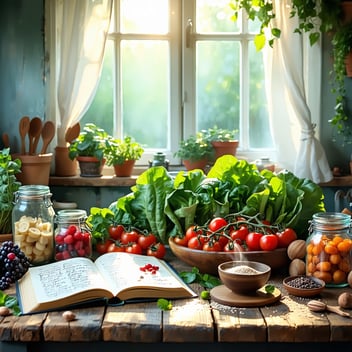 The image depicts a serene kitchen setting bathed in soft, natural light filtering through a window adorned with sheer curtains. On a wooden table, a colorful array of fresh produce is artfully arranged, showcasing vibrant leafy greens, plump tomatoes, and rich berries. A small bowl of sea salt and a few jars filled with nuts and seeds sit nearby, hinting at a focus on healthy, nutrient-dense foods. In the background, a cookbook lies open, featuring pages filled with handwritten notes and colorful photographs of wholesome meals. A steaming cup of herbal tea rests beside it, exuding warmth and comfort. The overall atmosphere radiates a sense of tranquility and mindfulness, emphasizing a holistic approach to health and well-being.