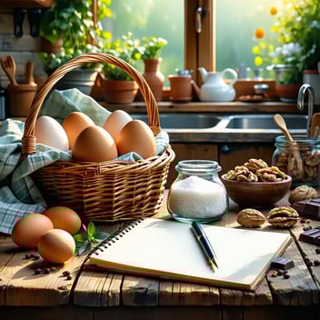 The image depicts a serene kitchen setting bathed in warm, natural light, featuring a rustic wooden table adorned with a variety of fresh ingredients. Prominently displayed are four vibrant, farm-fresh eggs nestled in a straw basket, symbolizing the dietary focus of the subject's journey. Nearby, a small glass bowl contains iodized salt, contrasting with a separate bowl of walnuts and a few pieces of dark chocolate, representing alternative snacks. In the background, a notepad with handwritten notes and a pen lie open, suggesting meticulous tracking of dietary changes. A window reveals a lush garden outside, hinting at a connection to nature and health. The atmosphere exudes a sense of determination and hope, reflecting the personal journey of managing thyroid health through careful dietary choices.