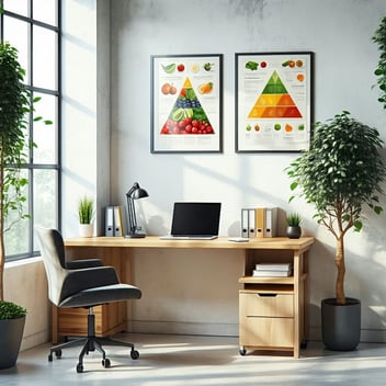 The image features a serene, well-lit office space designed for a private practice dietitian. The room is adorned with soft, neutral colors, creating a calming atmosphere. A sleek wooden desk sits in the center, clutter-free except for a laptop and a few neatly arranged health and nutrition books. In one corner, a potted plant adds a touch of greenery, while a large window allows natural light to flood in, illuminating the space. On the wall, framed certificates and a colorful food pyramid poster provide visual interest and professionalism. A comfortable chair is positioned across from the desk, inviting clients to sit down for consultations. To the side, a small shelf displays jars filled with grains and seeds, emphasizing a focus on nutrition. The overall ambiance reflects a balance of professionalism and warmth, suggesting a welcoming environment for clients seeking dietary guidance.