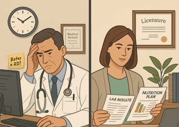 Split-screen illustration showing a contrast between a stressed physician and a confident dietitian. On the left, the male doctor sits at a cluttered desk, hand on forehead, with a post-it note reading 