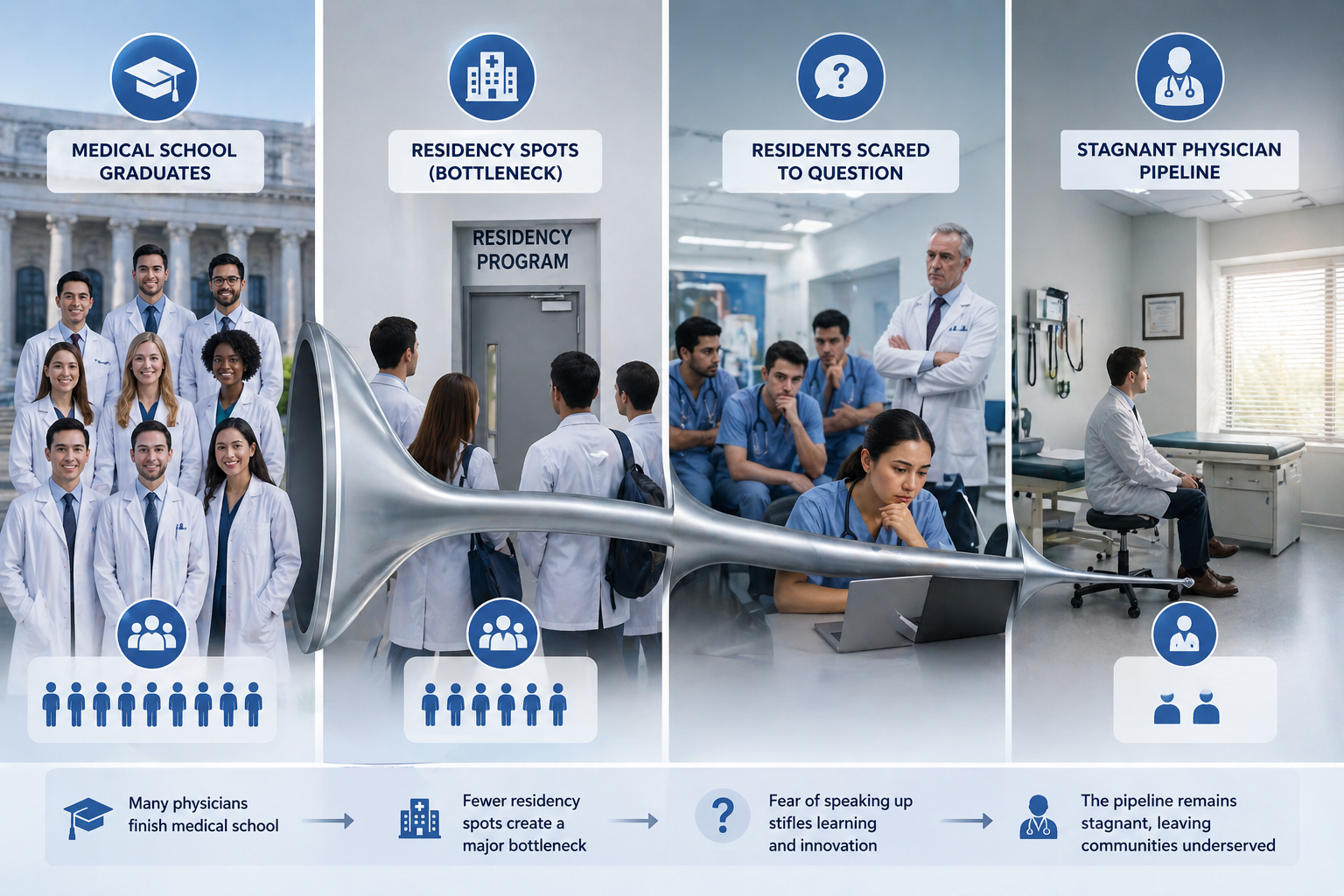 A four-stage visual showing how care gaps form in the U.S. healthcare system. In the first section, a group of about ten diverse medical school graduates in white coats stand together, representing a full pipeline of trained doctors. In the second section, only a smaller group moves forward toward a single residency program doorway, visually narrowing to show limited residency spots and a bottleneck. In the third section, residents sit in a clinical setting with tense body language, some looking down or hesitant while a senior physician stands over them, illustrating fear of questioning authority. In the final section, only a few physicians remain in a quiet exam room, appearing isolated and overextended, representing a stagnant physician workforce. A funnel-like shape visually connects all stages, narrowing from many graduates to very few practicing physicians, emphasizing how systemic constraints contribute to care gaps described in the article