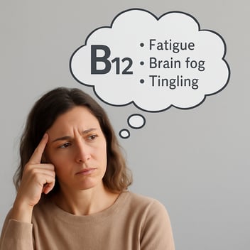 A woman with light brown wavy hair looks concerned, touching her temple as she stares upward. Above her head is a large thought bubble containing the text “B12 • Fatigue • Brain fog • Tingling.” The background is a plain gray wall, giving the scene a reflective, contemplative mood.
