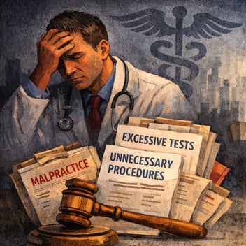 Illustration of a stressed physician in a white lab coat holding his forehead, seated behind a stack of files labeled “Malpractice,” “Excessive Tests,” and “Unnecessary Procedures,” with a judge’s gavel in the foreground and a faint caduceus symbol looming behind him, conveying legal pressure and fear-driven medical decision-making.