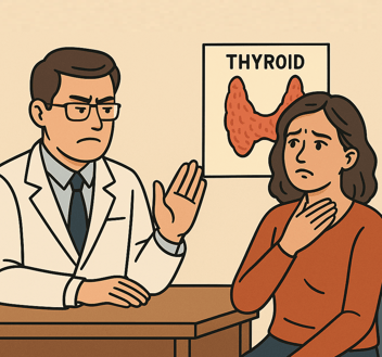 A dismissive-looking male doctor in a white coat sits at a desk, waving his hand as if brushing off concerns. Next to him, a worried female patient sits with her hand on her throat, touching the area of her thyroid. Behind them is a medical poster showing a diagram of the thyroid gland. The scene conveys the doctor minimizing the patient’s concerns about thyroid removal while the patient appears hesitant and anxious.
