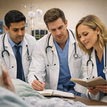 Three medical residents in white coats stand at a patient’s bedside in a hospital room, reviewing notes together while listening attentively to the patient, with monitors and IV equipment visible in the background.