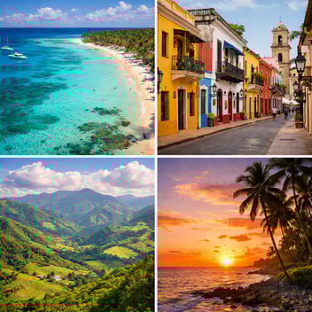 Collage of four scenes from the Dominican Republic: a turquoise Caribbean beach with palm trees and boats, colorful colonial buildings lining a cobblestone street in Santo Domingo, lush green mountain valleys under a blue sky, and a tropical sunset over the ocean with silhouetted palm trees.