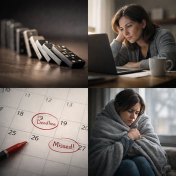 Composite image divided into four sections: falling dominoes symbolizing a ripple effect; a fatigued woman staring at her laptop at a desk; a calendar with a circled deadline marked “missed”; and a woman wrapped in a blanket looking cold. The image represents how slowed metabolism from thyroid dysfunction can affect work, energy, and daily life.