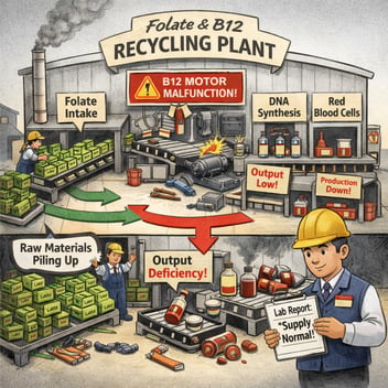 Illustration of a folate and vitamin B12 “recycling plant” used as a metaphor for one-carbon metabolism. On the left, boxes labeled “Folate intake” move along a conveyor belt and pile up as raw materials. In the center, a broken machine labeled “B12 motor malfunction” has sparks and warning signs, stopping the recycling process. On the right, shelves labeled “DNA synthesis” and “Red blood cells” show reduced output with signs reading “Output low” and “Production down.” At the bottom, bottles labeled as finished products are scarce despite large stacks of unused folate upstream. A lab worker in the foreground holds a clipboard reading “Lab report: supply normal,” highlighting how lab values can appear normal even when cellular output is deficient.