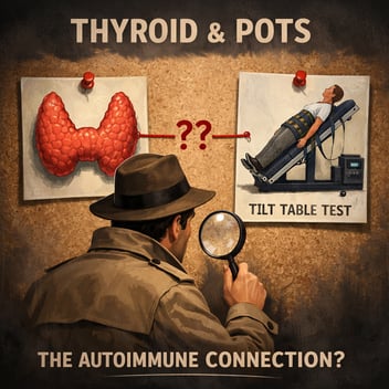 Illustration of a detective holding a magnifying glass while studying a corkboard. On the left is an image of a butterfly-shaped thyroid gland pinned with a red tack; on the right is an image of a patient undergoing a tilt table test. A red string connects the two images with question marks between them, visually suggesting an investigative link between thyroid dysfunction and POTS.