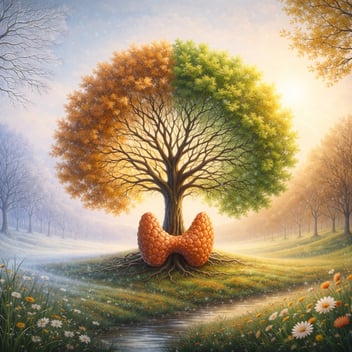 Illustration of a single tree in a calm landscape transitioning between seasons, with autumn foliage on one side and green leaves on the other. The tree’s roots connect to a stylized thyroid gland at the base, symbolizing how thyroid function can change and rebalance over time rather than representing permanent failure.