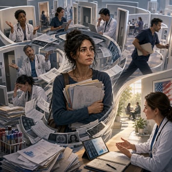 A determined woman clutches medical records while navigating a maze-like clinic filled with rushed and uncertain clinicians. 