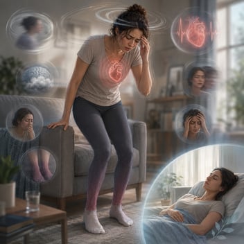 A woman with POTS braces herself against a chair while standing, appearing dizzy and exhausted. Visual overlays represent a racing heart, brain fog, blurred vision, nausea, headaches, and blood pooling in the legs, while an inset shows her resting comfortably after lying down. 