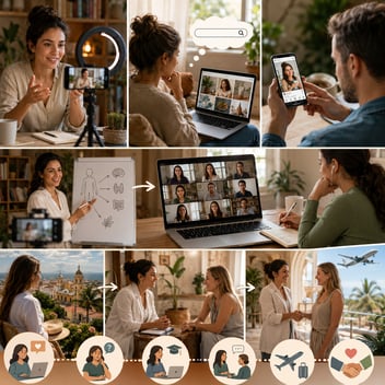 Square collage illustrating an international clinician building a cross-border wellness business. A healthcare professional creates educational videos, while people search online, browse social media, and engage with health-related content. The clinician teaches a virtual workshop, and participants take notes during an online class. The journey continues with international travel, in-person consultations, and a warm handshake symbolizing trust and long-term relationships. Simple visual icons at the bottom reinforce the progression from online education and discovery to learning, travel, and client connection. The image contains no readable text.