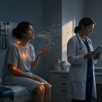 A patient in a medical exam room tries to explain her symptoms while a doctor looks down at a tablet, with the patient’s words fading into fragments between them.