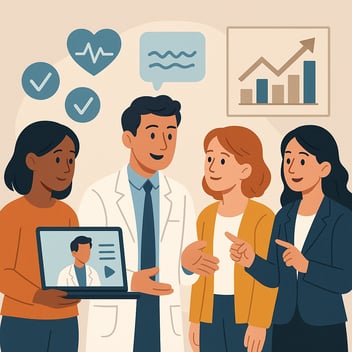 A flat-style digital illustration shows a diverse group engaging in patient education: an African American woman holds a laptop displaying a male doctor in an educational video; a real-life male doctor speaks to a smiling Caucasian female patient; and a female consultant points to a growth chart. Symbols of health and communication, like checkmarks and heart icons, appear in the background, representing transparency, collaboration, and patient-centered care.