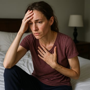 A photograph features a Caucasian woman with light skin and brown, shoulder-length hair sitting on the edge of a bed. She looks physically and emotionally drained, holding one hand to her forehead and the other to her chest. She is wearing a burgundy t-shirt and dark pants. The room has a neutral, softly lit setting with a white bed, wooden nightstand, and lamp, conveying a sense of fatigue and distress.