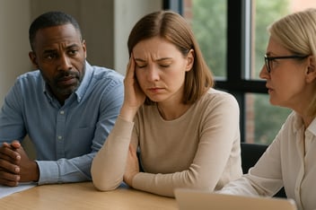 A woman in her 30s sits at a desk in a modern office, looking fatigued and holding her head in her hand with eyes closed. A middle-aged man and an older woman sit beside her, listening attentively and showing concern. Natural light filters through large windows behind them, suggesting a workplace setting.