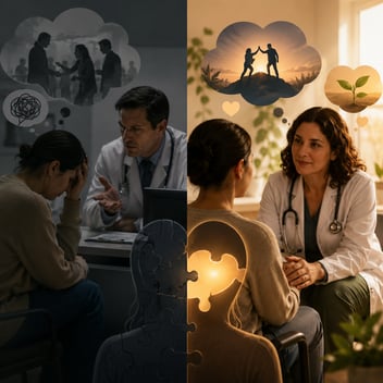 Split-scene illustration showing the impact of healthcare communication on patients. On the left, a distressed patient sits with their head in their hands while a physician appears critical and dismissive in a dark clinical setting, symbolizing blame, medical gaslighting, and loss of trust. On the right, a healthcare provider listens attentively to a patient in a warm, welcoming environment, representing trauma-informed care, validation, and patient-centered communication. Visual elements such as puzzle pieces, a growing plant, and supportive figures reinforce themes of healing, resilience, and collaborative care. Based on an article about inclusive language, patient retention, and reducing blame in healthcare.