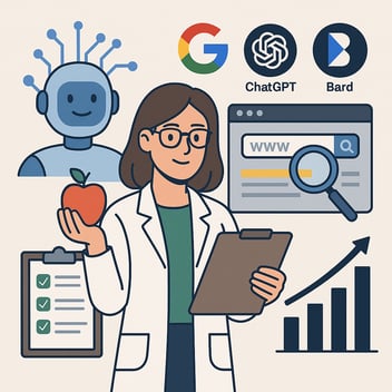 A flat-style digital illustration of a female dietitian in a white lab coat holding an apple in one hand and a clipboard in the other. She is surrounded by icons representing AI and SEO, including a friendly robot, a computer screen with a search bar and magnifying glass, logos for Google, ChatGPT, and Bard, a checklist clipboard, and a rising bar graph symbolizing growth and online visibility.