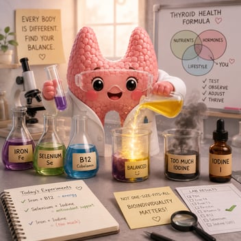A cute pink thyroid-shaped scientist character wearing a white lab coat and safety goggles stands in a laboratory, conducting nutrient experiments. The thyroid pours glowing liquid into a beaker that sparkles with a successful reaction while a nearby beaker labeled 