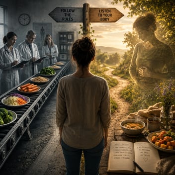 A square-format conceptual illustration about chronic digestive illness and patient self-advocacy. A woman stands at the center with her back to the viewer, facing a crossroads between two contrasting worlds. On the left, a dim clinical setting shows physicians taking notes while a conveyor belt carries plates of raw vegetables, fiber-rich foods, and standardized dietary recommendations, symbolizing one-size-fits-all medical advice. On the right, a warm sunlit landscape opens onto a winding path through nature. A translucent figure of the same woman gently holds her abdomen, representing lived experience and body awareness. Nearby, a rustic table holds steaming soup, cooked vegetables, bread, flowers, and an open journal, symbolizing careful observation and experimentation. The image contrasts external authority with patient-generated knowledge and conveys a journey from suffering and confusion toward understanding, self-trust, and individualized care.
