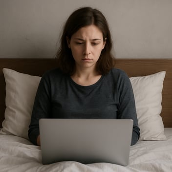 A young woman with light skin and shoulder-length brown hair sits up in bed, wearing a dark long-sleeve shirt. She looks quietly focused and slightly downcast as she works on a silver laptop. The room is softly lit, with white bedding and a wooden headboard, creating a calm but introspective atmosphere.