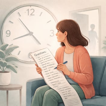 Illustration of a woman sitting in a clinic waiting room holding a long handwritten list of questions while looking toward a doctor leaving through an open door, with a large wall clock behind her symbolizing the time pressure of short medical appointments.