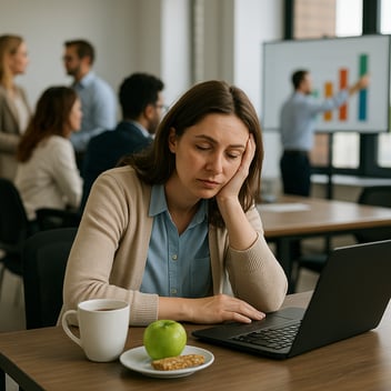 A woman in her late 30s sits at a desk in a modern office, resting her head on one hand with a fatigued expression as she stares at her laptop. In front of her is a cup of coffee, a green apple, and a granola bar on a small white plate. Behind her, several coworkers engage in a business presentation, with a man pointing to a colorful bar graph on a screen. The contrast highlights her exhaustion and disengagement amid a busy, active work environment.