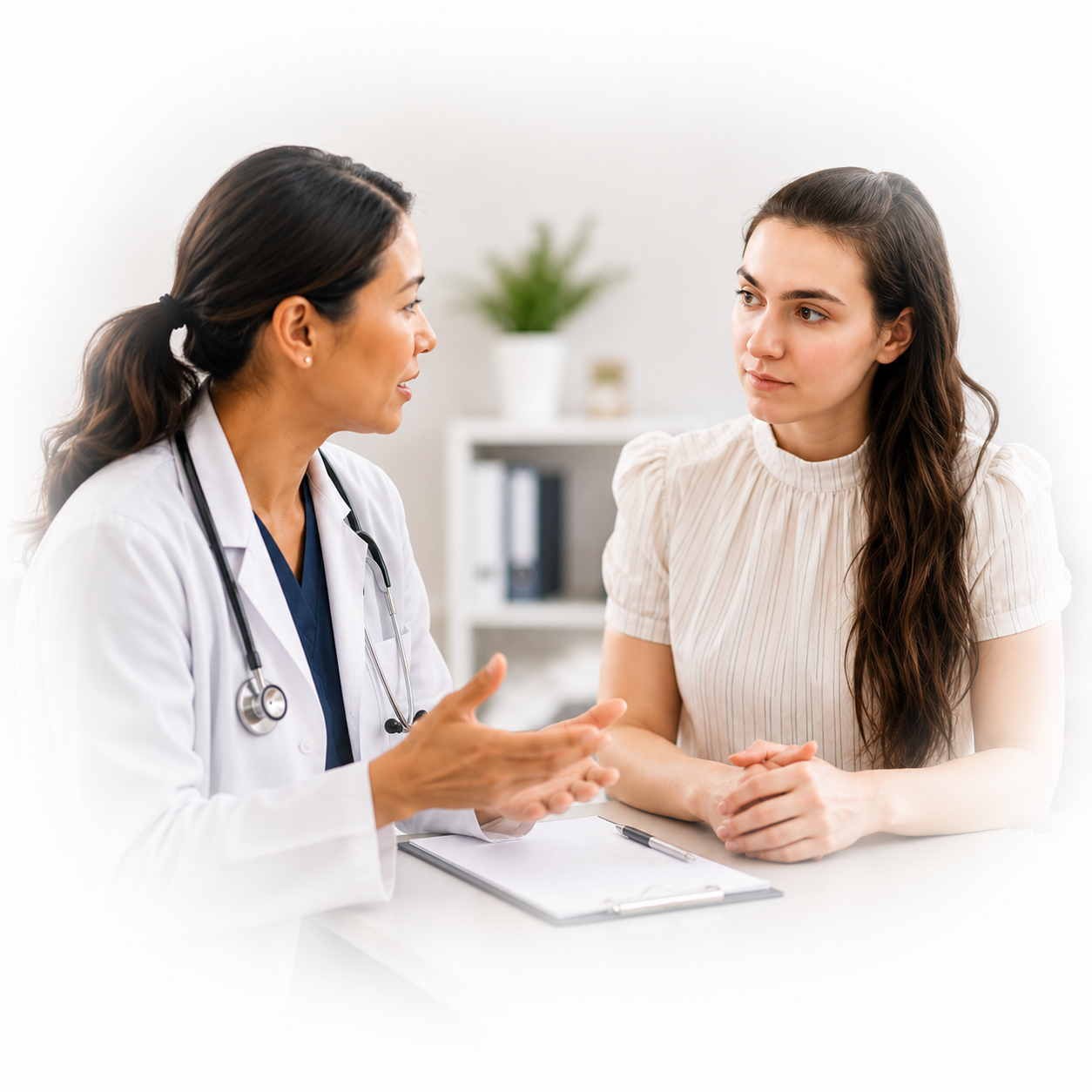 A doctor in a white coat sits across from a woman in a high-neck cream blouse during a calm, focused consultation. The woman, with long dark hair pulled over one shoulder, listens attentively with her hands folded while the doctor gestures as she speaks. The scene is softly lit with a clean, minimalist office background, and the edges of the image gently fade into white, creating an airy and professional atmosphere.