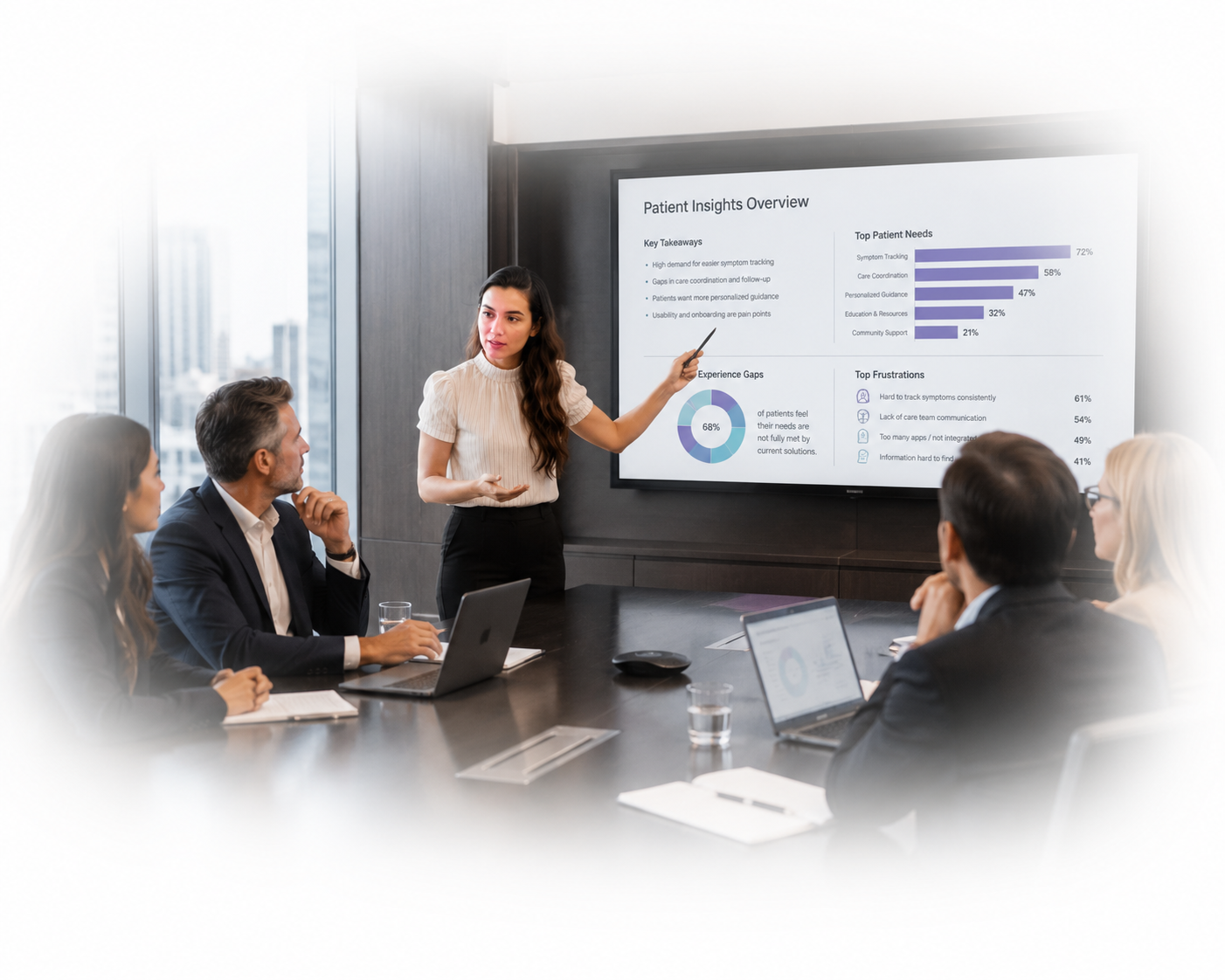 A young woman stands at the front of a modern boardroom presenting healthcare data to a group of professionals seated around a conference table. She gestures toward a large presentation screen displaying charts, percentages, and patient experience insights related to HealthTech and chronic illness care. Laptops, notebooks, and glasses of water sit on the dark conference table while the edges of the image softly fade into white, creating a clean and polished corporate atmosphere.