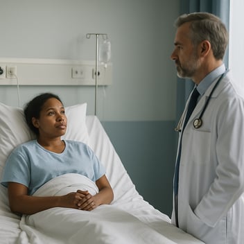 A photograph within a hospital room shows a female patient of African descent lying in bed with a thoughtful expression, while a male Caucasian doctor in a white coat stands a short distance away, engaging with her attentively. The setting includes soft daylight, medical equipment, and a calm clinical atmosphere.