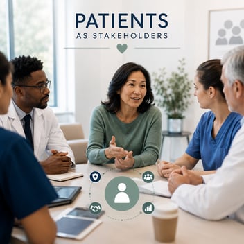 A group of healthcare professionals sits around a conference table listening to a female patient speaking during a collaborative healthcare policy discussion.