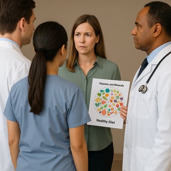 A photograph captures a dietitian in plain clothes holding colorful food charts labeled “Vitamins and Minerals” and “Healthy Diet” while standing behind three healthcare professionals dressed in scrubs and lab coats, who unintentionally form a physical barrier between her and the viewer, symbolizing her limited visibility in patient care.