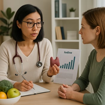 A dietitian sits with a patient in a bright office, holding a thyroid model while explaining iodine levels shown on a printed chart. Fresh foods like apples and broccoli are on the table beside them as they discuss thyroid health.