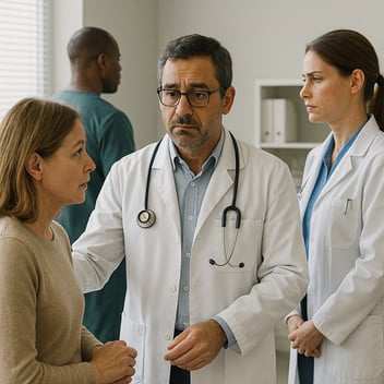 A primary care doctor stands between a patient and two other medical professionals in an exam room. The doctor looks serious and thoughtful, resting a hand gently on the patient’s shoulder, while the other clinicians stand nearby, facing in different directions and not engaging with one another. The scene conveys a sense of fragmented care, with the primary physician left to hold the interaction together.