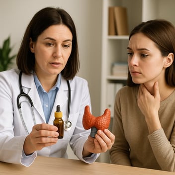 A female doctor in a white lab coat holds a thyroid gland model in one hand and an iodine dropper bottle in the other while explaining to a concerned young woman in a beige sweater, who touches her throat, in a bright medical office.