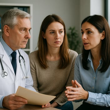 A doctor in a white coat sits beside a concerned female patient while another woman, a functional medicine endocrinologist, speaks to them with calm focus in a softly lit medical office, conveying collaboration and thoughtful discussion.