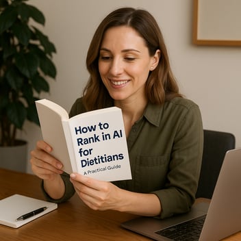 A smiling female dietitian with light brown hair sits at a wooden desk in a softly lit office, holding an open book titled “How to Rank in AI for Dietitians: A Practical Guide.” A laptop, notepad, and pen sit nearby, suggesting she’s studying or planning digital content strategies. A green potted plant adds warmth to the background.