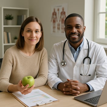 A registered dietitian and a general practitioner sit together at a desk in a bright, modern clinic. The dietitian, holding a green apple, wears a beige sweater, while the doctor in a white coat with a stethoscope smiles beside her. A laptop, clipboard, and health charts are on the desk, symbolizing their teamwork in a direct primary care setting focused on food-first, patient-centered healthcare.