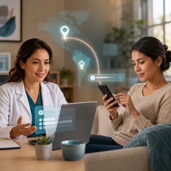 Latina clinician using a laptop beside a Spanish-speaking patient searching on her phone, with a digital map connecting Latin America and the United States.
