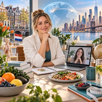 A Dutch dietitian at her desk during a virtual nutrition consultation, with Amsterdam canal houses, a U.S. skyline, and a connected globe symbolizing cross-border wellness services.