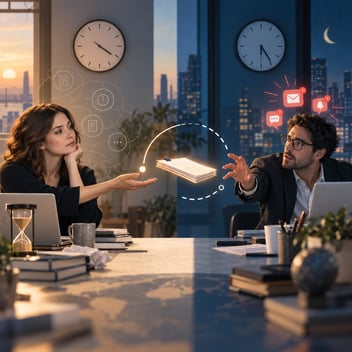 A woman and man in separate time zones reach toward a suspended document, illustrating an unresolved professional handoff, unequal urgency, and the cognitive burden of open communication loops.