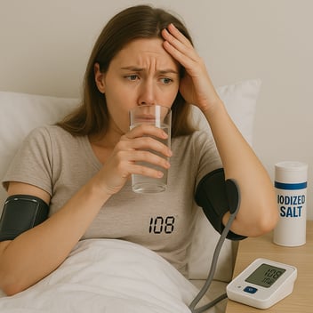 A young woman with light brown hair sits up in bed, holding her head with one hand while sipping a glass of water with the other. She wears a beige shirt and has a blood pressure cuff strapped to her arm, with the digital monitor on the bedside table showing a heart rate of 108 bpm. Next to the monitor is a container labeled “Iodized Salt,” emphasizing her concern about salt intake and its effects on her health.