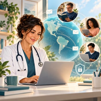 Doctor working on a laptop beside a globe showing the Americas, with email icons connecting to adult learners and a shield symbol representing data privacy.